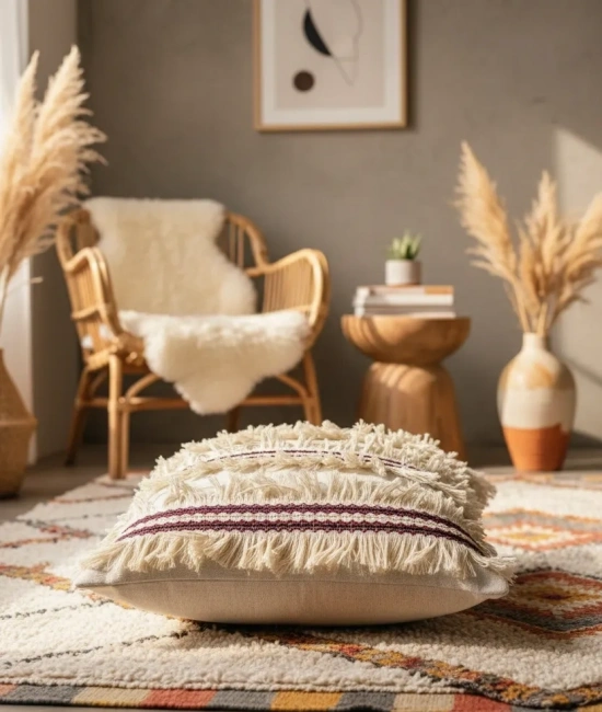 3 Püsküllü Ara Desenli Keten Krem Kırlent 2 Adet Kırlent Kılıfı