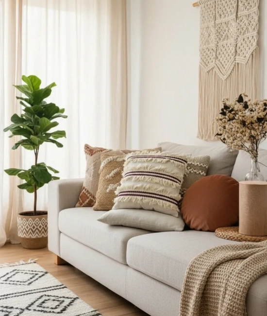 3 Püsküllü Ara Desenli Keten Krem Kırlent 2 Adet Kırlent Kılıfı