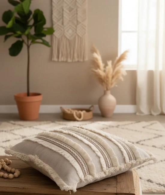 Üç Dantelli Püsküllü Ham Keten Krem 2 Adet Kırlent Kılıfı