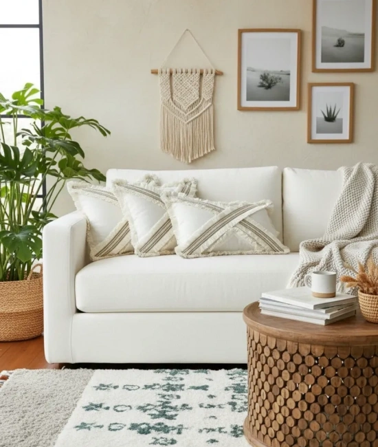 Çapraz Çoklu Püsküllü Keten Krem Kırlent 2 Adet Kırlent Kılıfı (35 x 55)