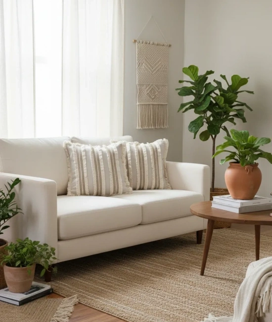 Üç Dantelli Püsküllü Ham Keten Krem 2 Adet Kırlent Kılıfı