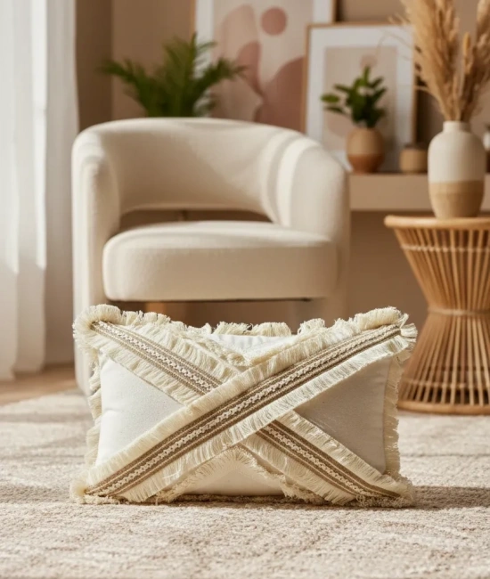 Çapraz Çoklu Püsküllü Keten Krem Kırlent 2 Adet Kırlent Kılıfı (35 x 55)