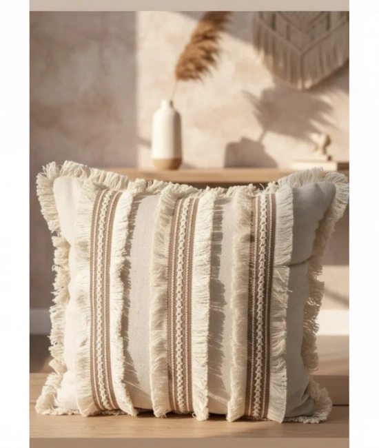 Üç Dantelli Püsküllü Ham Keten Krem 2 Adet Kırlent Kılıfı