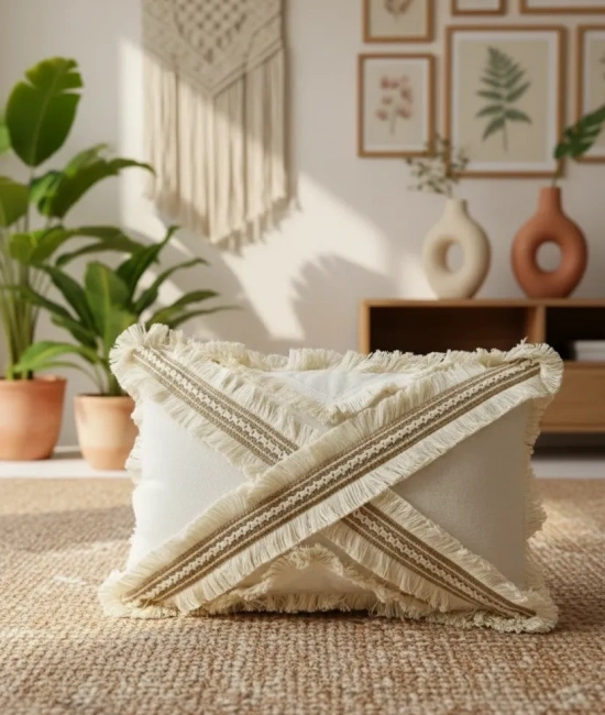 Çapraz Çoklu Püsküllü Keten Krem Kırlent 2 Adet Kırlent Kılıfı (35 x 55)