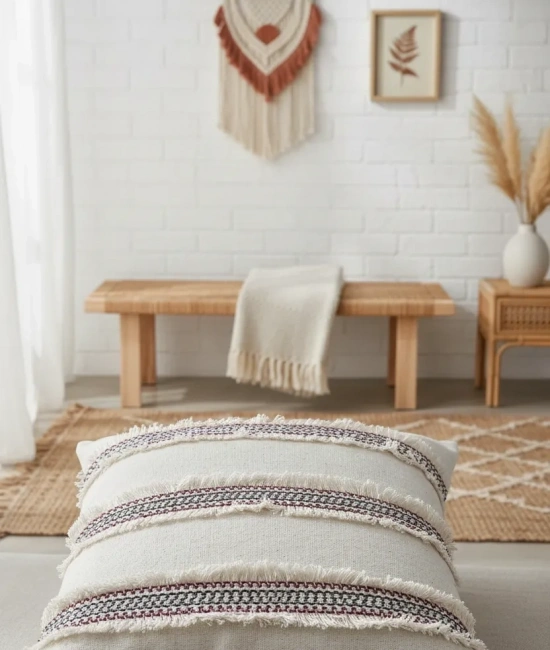 Mini Çift Püsküllü Keten Krem Kırlent 2 Adet Kırlent Kılıfı (43 x 43)