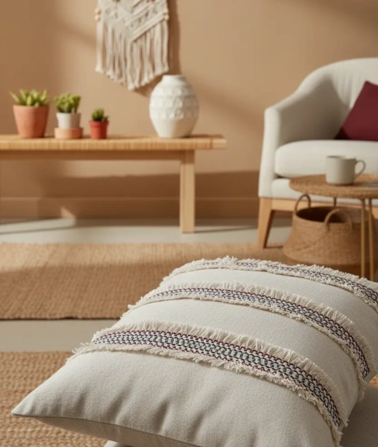 Mini Çift Püsküllü Keten Krem Kırlent 2 Adet Kırlent Kılıfı (43 x 43)