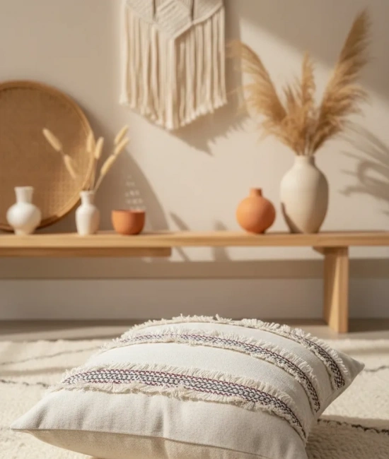 Mini Çift Püsküllü Keten Krem Kırlent 2 Adet Kırlent Kılıfı (43 x 43)