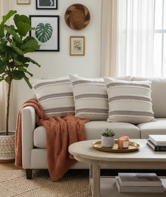 Mini Çift Püsküllü Keten Krem Kırlent 2 Adet Kırlent Kılıfı (43 x 43)