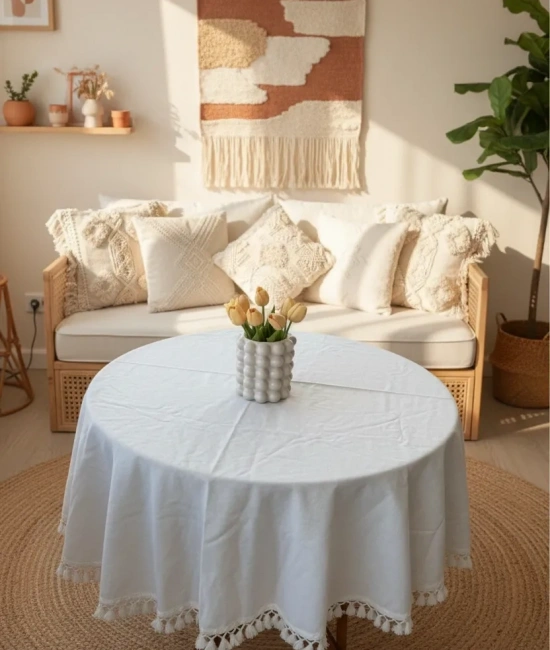 YUVARLAK Ham Keten Krem Ponponlu Masa Örtüsü
