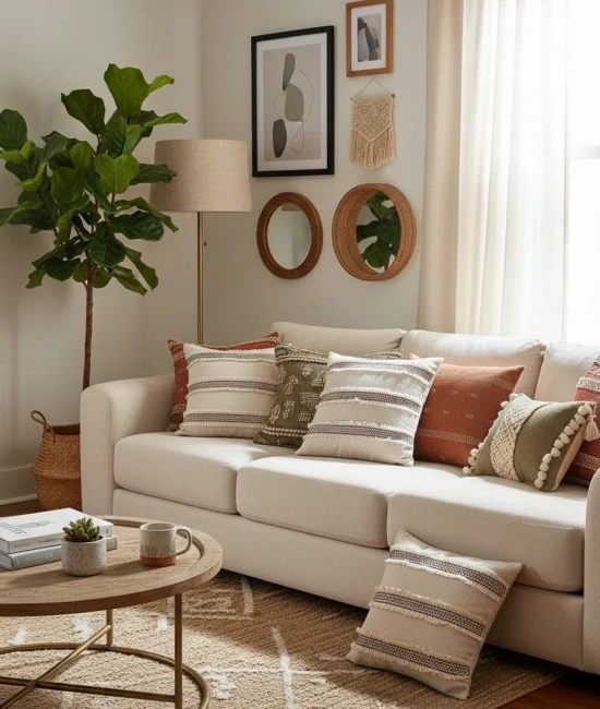 Mini Çift Püsküllü Keten Krem Kırlent 2 Adet Kırlent Kılıfı (43 x 43)