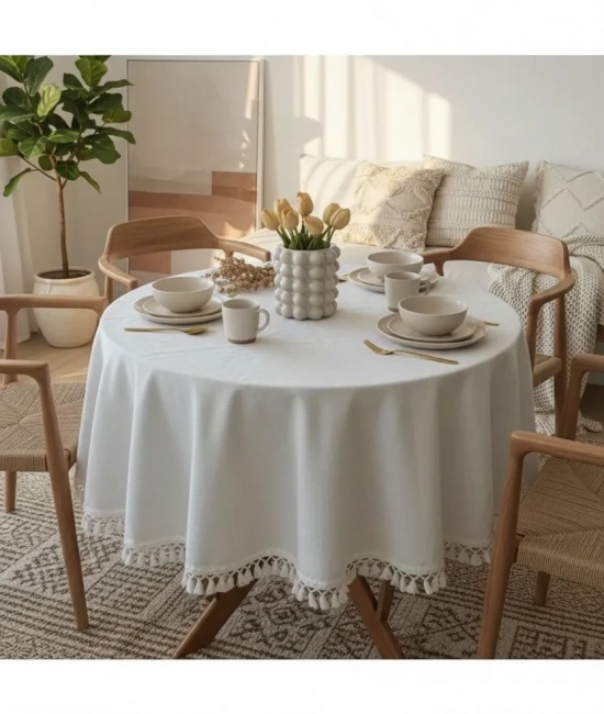 YUVARLAK Ham Keten Krem Ponponlu Masa Örtüsü