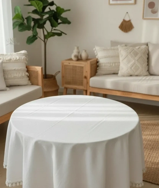 YUVARLAK Ham Keten Krem Ponponlu Masa Örtüsü