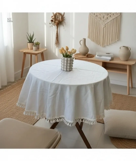 YUVARLAK Ham Keten Krem Ponponlu Masa Örtüsü