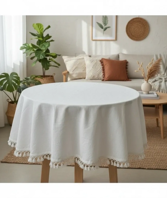 YUVARLAK Ham Keten Krem Ponponlu Masa Örtüsü