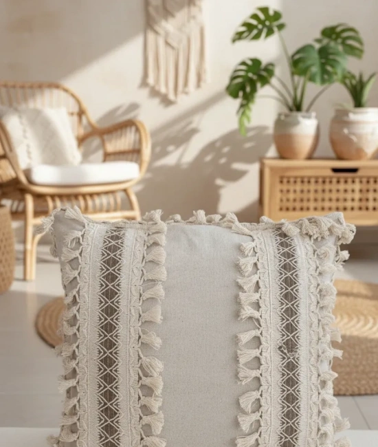 Kalın Dantel Ponponlu Krem Kırlent 2 Adet Kırlent Kılıfı (43 x 43)