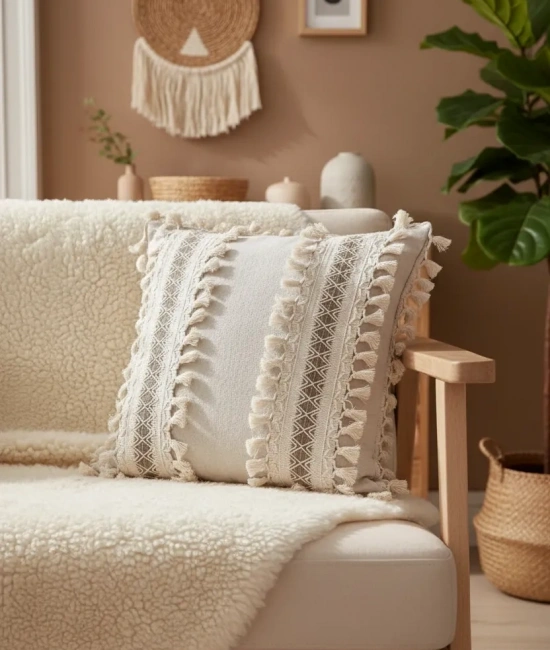 Kalın Dantel Ponponlu Krem Kırlent 2 Adet Kırlent Kılıfı (43 x 43)