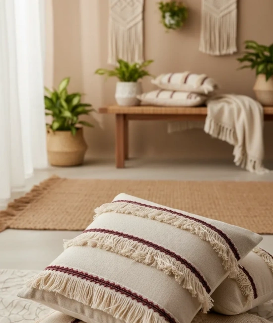 Üç Püsküllü Keten Krem Kırlent 2 Adet Kırlent Kılıfı (35 x 55)