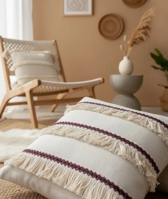 Üç Püsküllü Keten Krem Kırlent 2 Adet Kırlent Kılıfı (35 x 55)