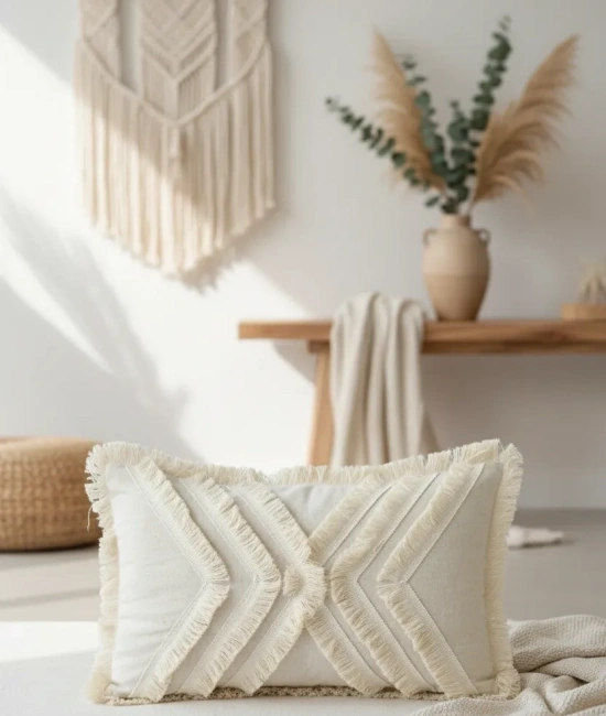 Çoklu Püsküllü Krem Keten Kırlent 2 Adet Kırlent Kılıfı (35 x 55)