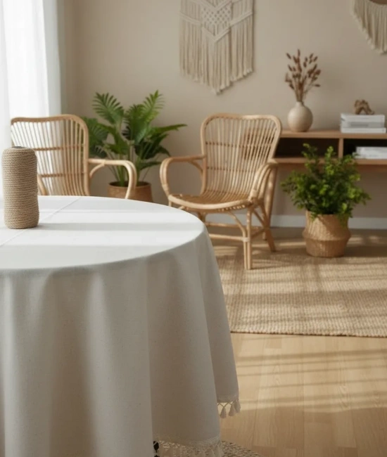 Beyaz Pamuk Keten Yuvarlak Ham Ponponlu Masa Örtüsü