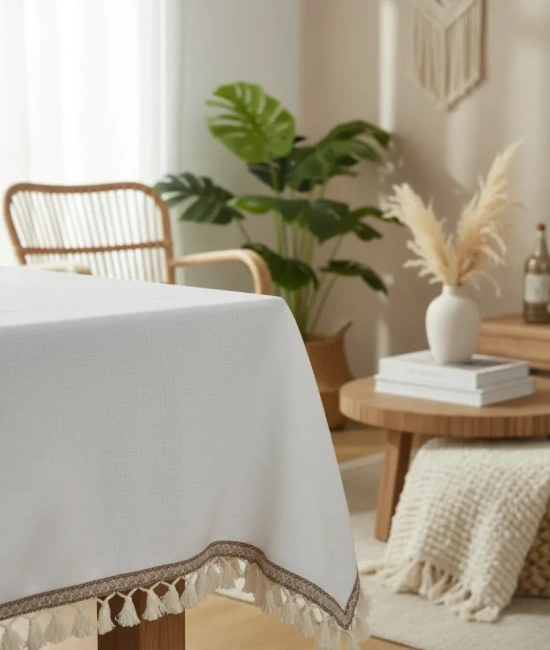 Beyaz Pamuk Keten Şerit Ponponlu Masa Örtüsü