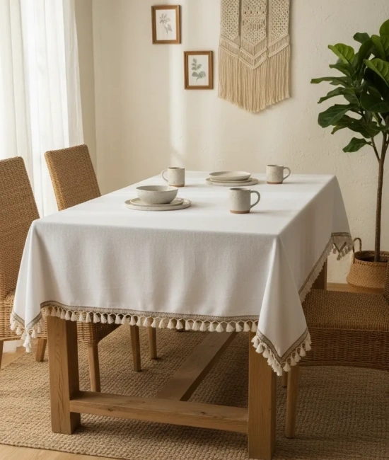 Beyaz Pamuk Keten Şerit Ponponlu Masa Örtüsü