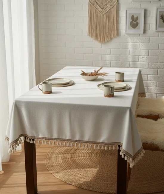 Beyaz Pamuk Keten Şerit Ponponlu Masa Örtüsü