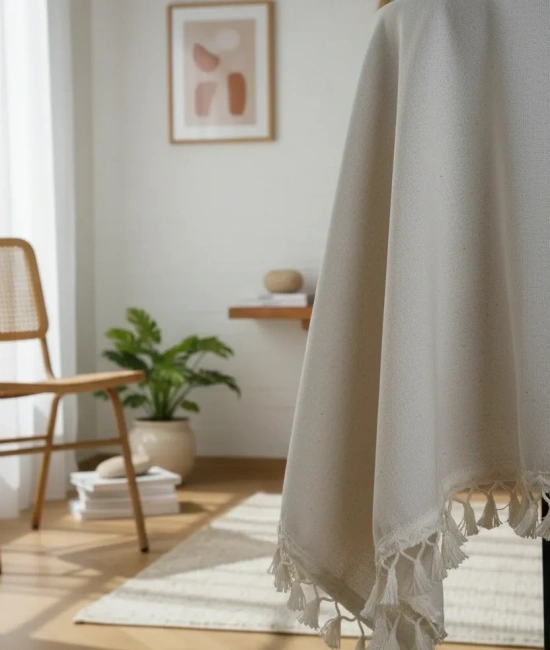 Beyaz Pamuk Keten Yuvarlak Ham Ponponlu Masa Örtüsü