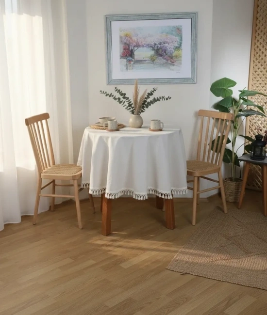 Beyaz Pamuk Keten Yuvarlak Ham Ponponlu Masa Örtüsü