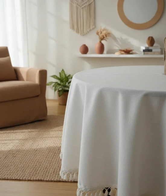 Beyaz Pamuk Keten Yuvarlak Ham Ponponlu Masa Örtüsü