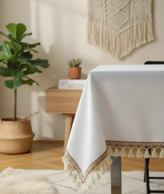 Beyaz Pamuk Keten Şerit Ponponlu Masa Örtüsü
