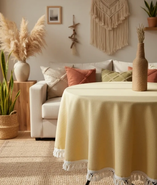 Sarı Keten Ham Ponponlu Yuvarlak Masa Örtüsü
