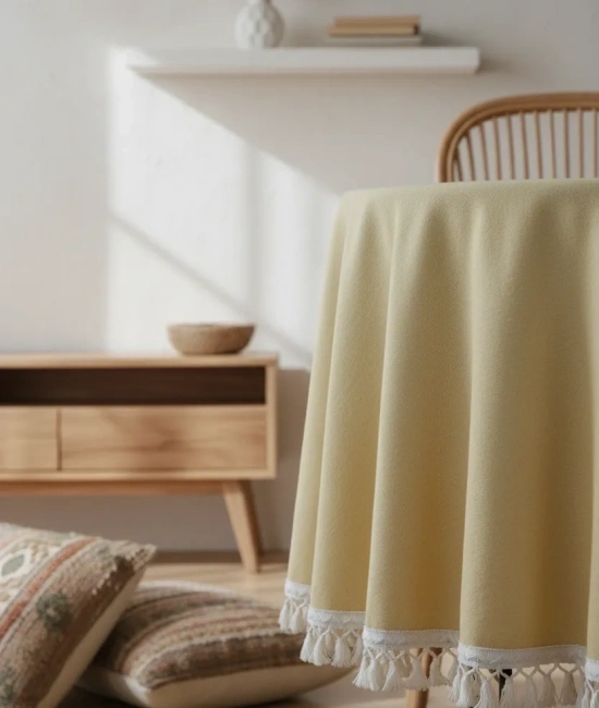 Sarı Keten Ham Ponponlu Yuvarlak Masa Örtüsü