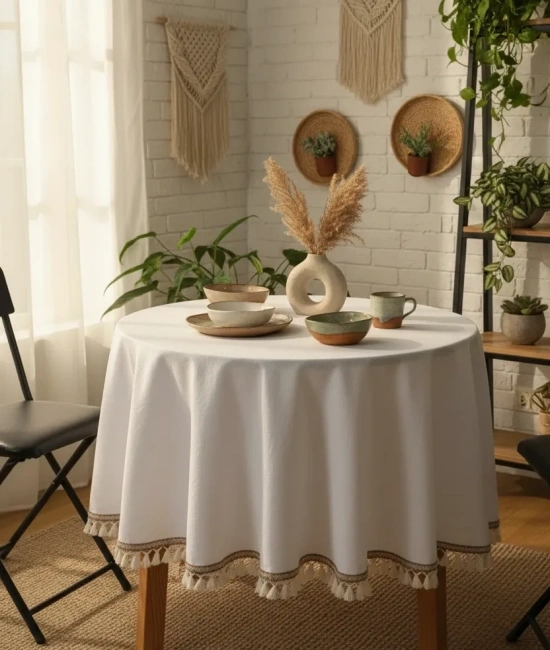 Beyaz Keten Şerit Ponponlu Yuvarlak Masa Örtüsü