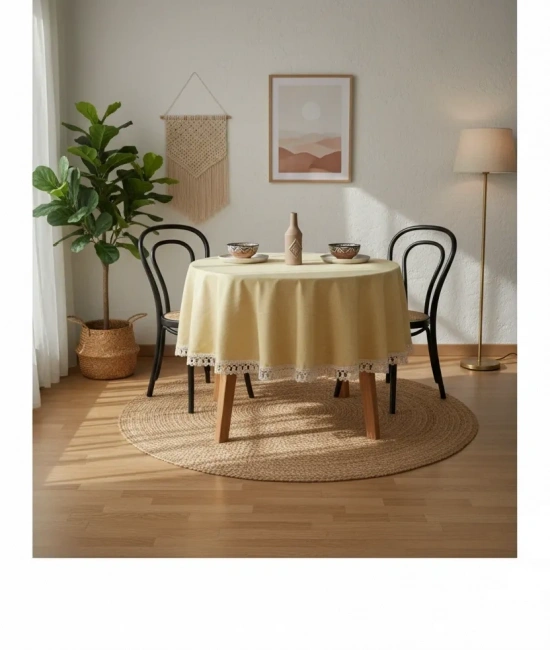 Sarı Keten Ham Ponponlu Yuvarlak Masa Örtüsü