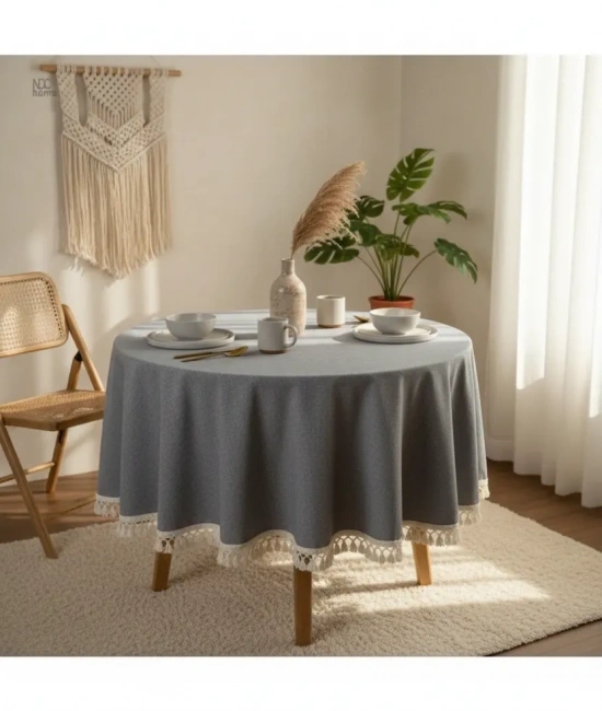 Gri Antrasit Keten Yuvarlak Masa Örtüsü (ham Ponponlu)