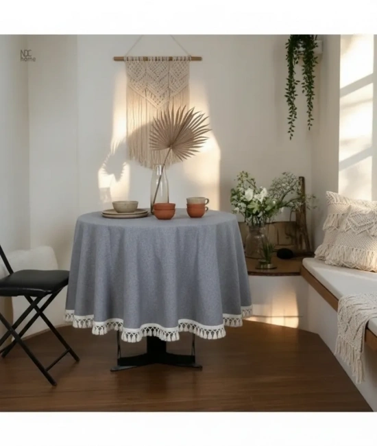 Gri Antrasit Keten Yuvarlak Masa Örtüsü (ham Ponponlu)