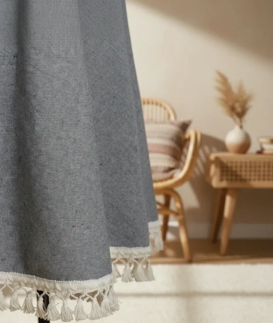 Gri Antrasit Keten Yuvarlak Masa Örtüsü (ham Ponponlu)