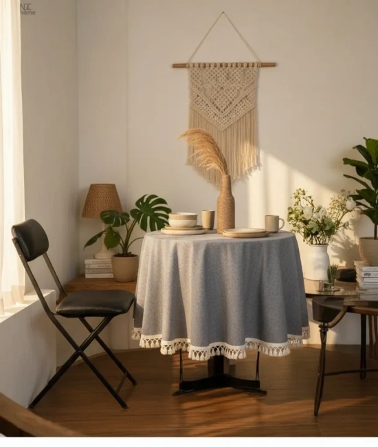 Gri Antrasit Keten Yuvarlak Masa Örtüsü (ham Ponponlu)