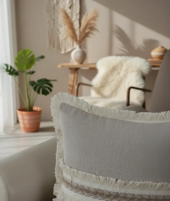 Bej Keten Jüt Dantelli Kırlent 2 Adet Kırlent Kılıfı (43 x 43)