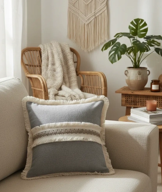 Antrasit Keten Jüt Dantelli Kırlent 2 Adet Kırlent Kılıfı (43 x 43)