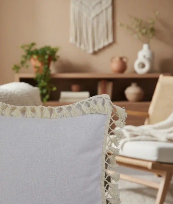 Keten Beyaz Ponponlu Kırlent 2 Adet Kırlent Kılıfı (43 x 43)