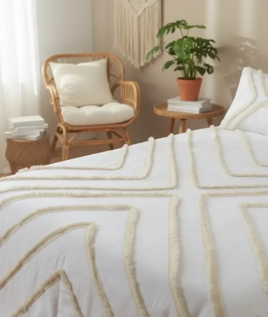 Beyaz Pamuk Keten Çoklu Püsküllü Tek Kişilik Nevresim Takımı (1 Yedek Yastıklı)