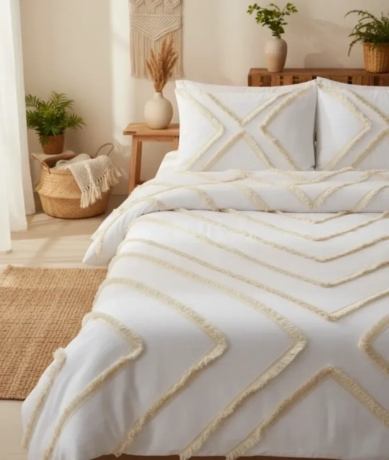 Beyaz Pamuk Keten Çoklu Püsküllü Tek Kişilik Nevresim Takımı (1 Yedek Yastıklı)