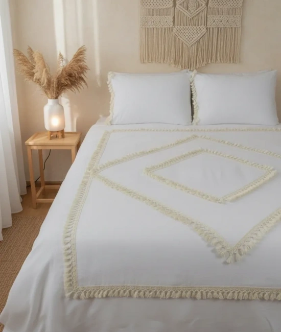 Beyaz Pamuk Keten Tek Kişilik Mozaik Ponponlu (yedek Yastıklı) Nevresim Takımı