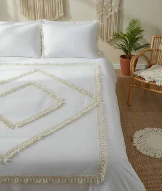 Beyaz Pamuk Keten Tek Kişilik Mozaik Ponponlu (yedek Yastıklı) Nevresim Takımı