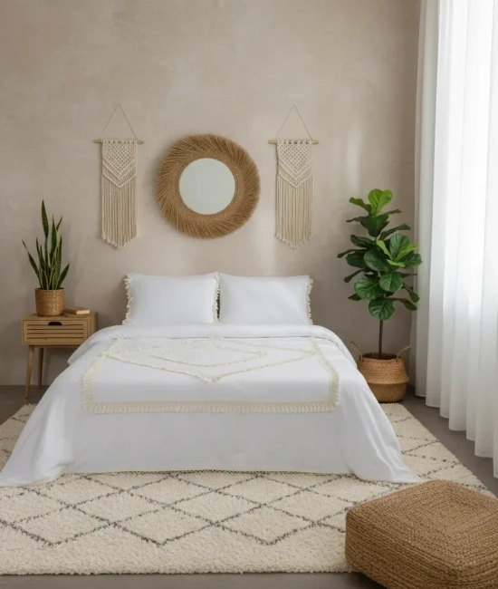 Beyaz Pamuk Keten Çift Kişilik Mozaik Ponponlu (yedek Yastıklı) Nevresim Takımı