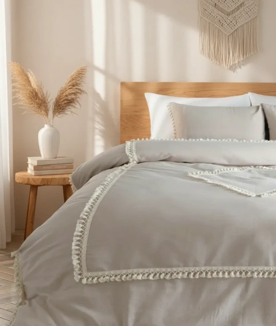 Bej Pamuk Keten Ikili Baklava Desen Ponponlu Tek Kişilik Nevresim Takımı(YEDEK YASTIKLI)