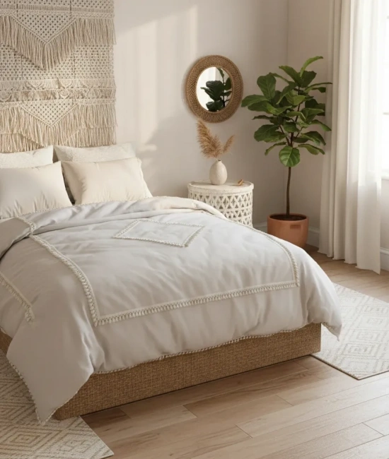 Bej Pamuk Keten Ikili Baklava Desen Ponponlu Tek Kişilik Nevresim Takımı(YEDEK YASTIKLI)