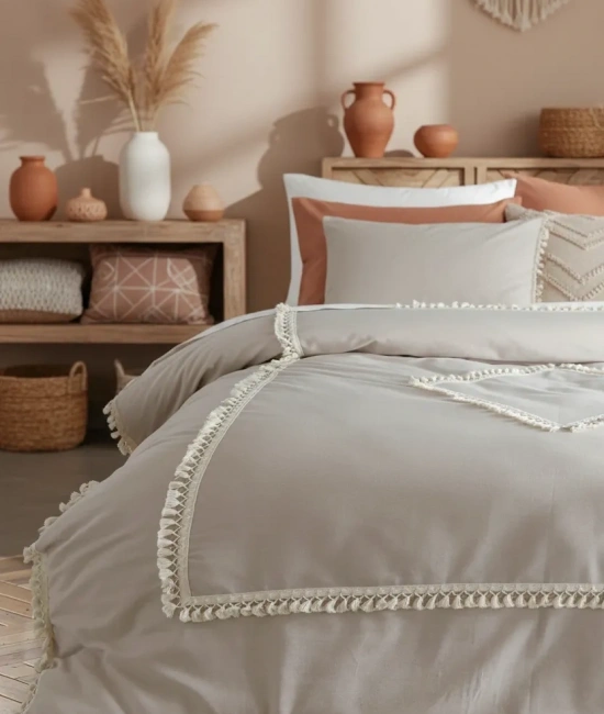 Bej Pamuk Keten Ikili Baklava Desen Ponponlu Tek Kişilik Nevresim Takımı(YEDEK YASTIKLI)